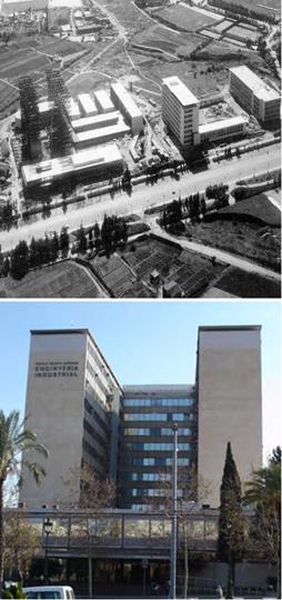 Photo of the building during the construction (left) and at present time (right). Fuente: Barcelona Superior Technical College of Industrial Engineers.