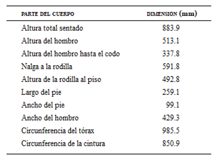 Dimensiones antropométricas del maniquí.