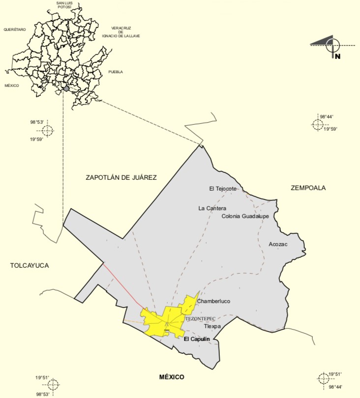Focalización del municipio de Villa de Tezontepec, Hidalgo (INEGI, 2009).