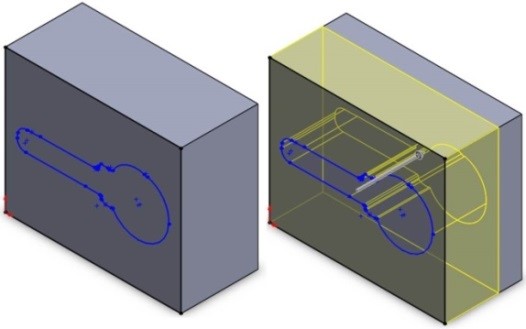 Obtención del modelo CAD del punzón de corte: a) Disposición del croquis de la vista principal del punzón y b) Operación de extrusión.