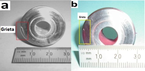 (a) Grieta localizad en el exterior del rol; (b) Grieta revelada con líquidos penetrantes.