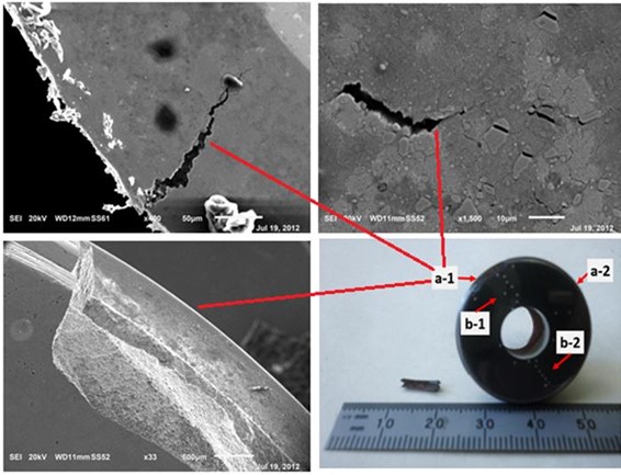 Micrografías de la zona (a-1) de la superficie de fractura y grietas.