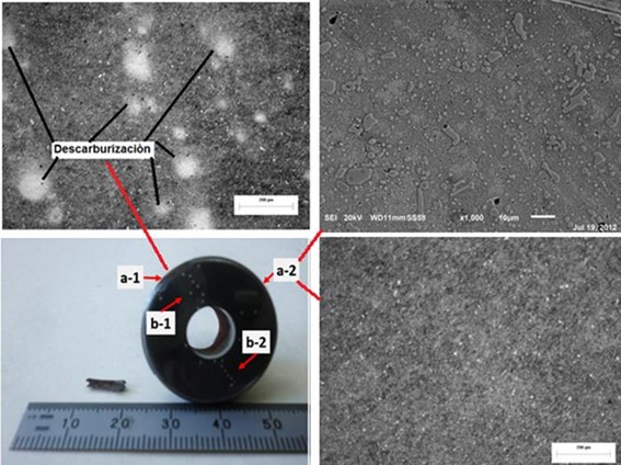 Micrografía en la zona (a-1) y las micrografías en la zona sin grietas y fractura zona (a-2).