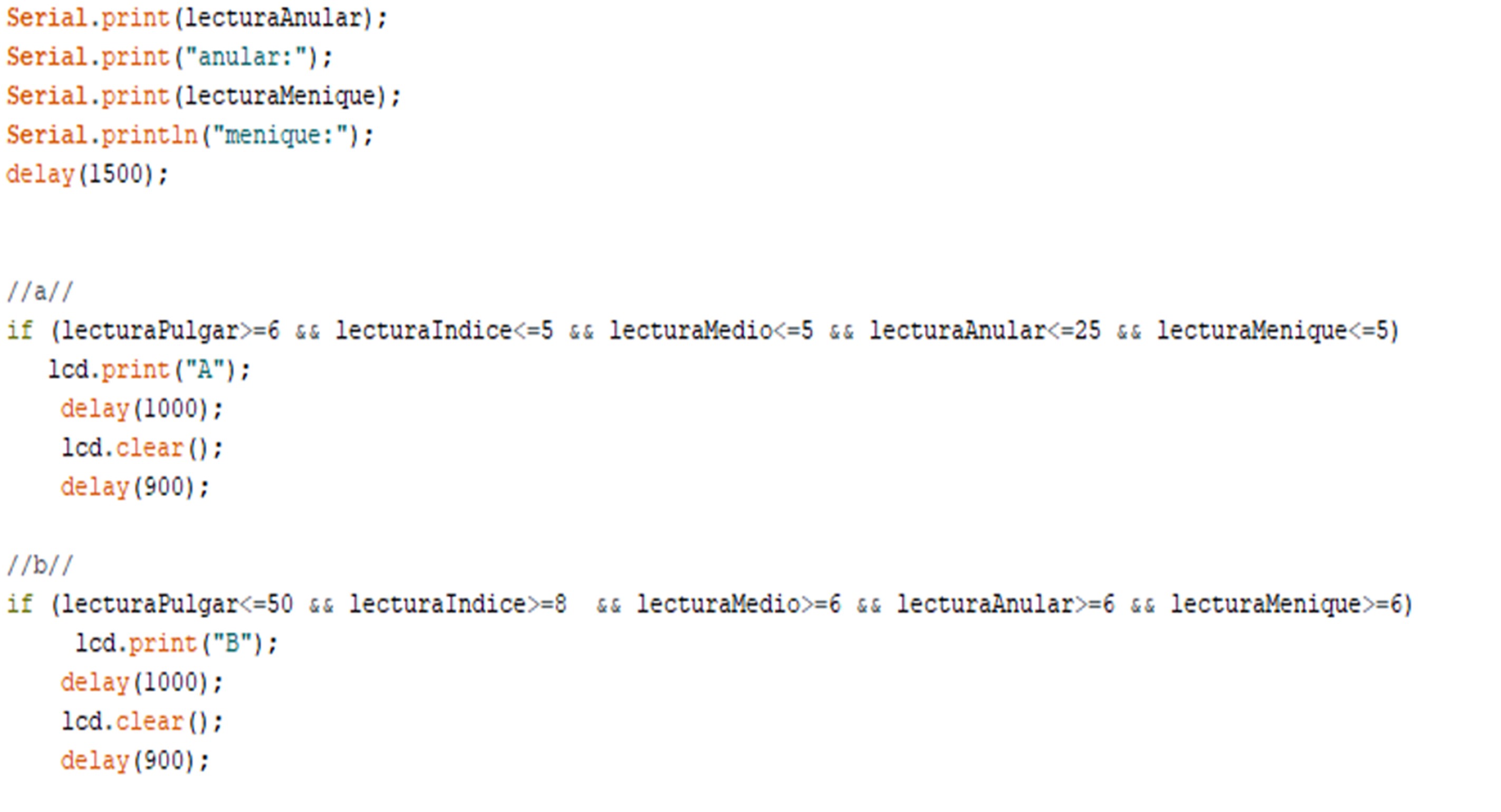 Parte de la programacin en arduino para que muestre la letra "a" y "b”.