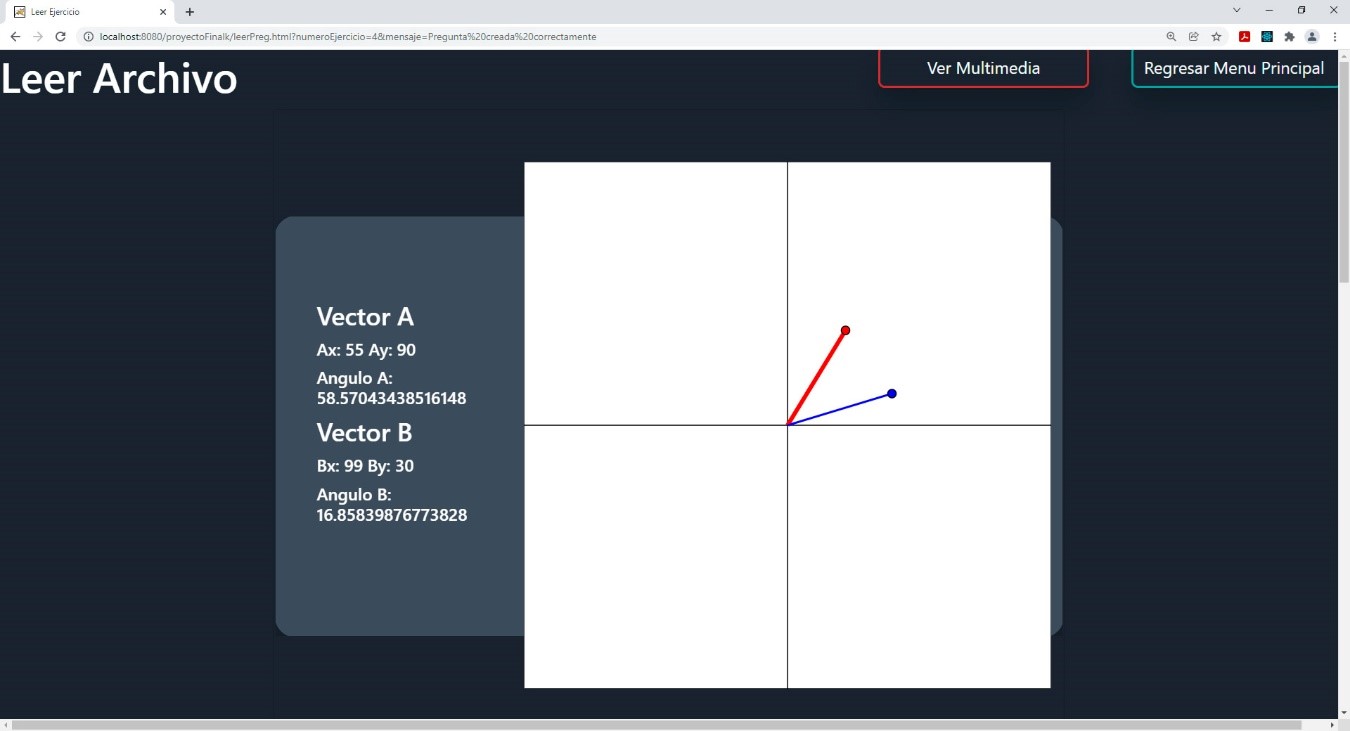 Interfaz del ejercicio de vectores creado exitosamente en el plano cartesiano xy.