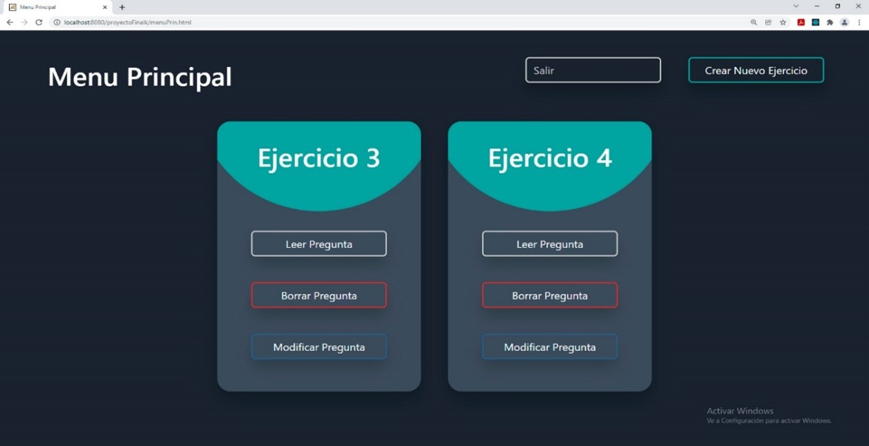 Interfaz del men principal con los ejercicios de vectores creados en el plano cartesiano.
