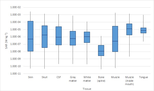 Box-plots of SAR distribution by tissue.