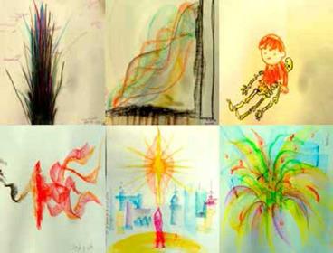 Algunos testigos pl&aacute;sticos de ejercicios resilientes. Superior izquierda: Muero; superior centro: Mi propia muerte; superior derecha: Se muere el ego y nazco yo; inferior izquierda: Muerte y vida; inferior centro: Qu&eacute; ofrezco al mundo; inferior derecha: Primavera en m&iacute;. (Fotograf&iacute;as propias, con el consentimiento de los/as autores/as).