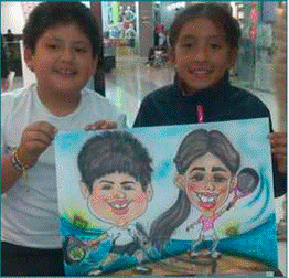 Sin título. Caricatura de dos niños en donde se evidencia que la obra no termina en manos del artista sino en las de la persona que se dibuja. Esta es una herramienta de comunicación educativa ya que además de los aportes técnicos también representa una caracterización crítica y analítica de las personas.