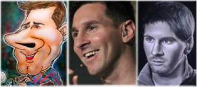 Sin título. En esta imagen se aprecia un personaje ícono de la cultura contemporánea en el fútbol: Leonel Messi; a su derecha se puede ver una representación de retrato de Luis Bayona y a su izquierda la representación de una caricatura de Martin B. Pineda que no busca la deformidad por sí misma alejada de las características propias del rostro sino exaltando su esencia.