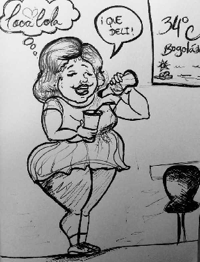 Sin título. En esta caricatura se pueden leen varios fenómenos como el amor por las gaseosas, la utilización del pitillo, los principios de obesidad mórbida, y, por ende, la utilización de zapatos bajos, el alto clima exagerado en la ciudad haciendo sátira al fenómeno de la niña, en fin, se inducen varias características como el diseño de la silla que dan cuenta de que es una caricatura de nuestra época (siglo XXI), es decir, una caricatura convencional.