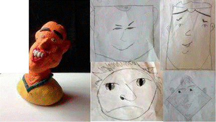 Sin título. Obras realizadas por estudiantes parte del proyecto Bogotá en Caricatura. A la derecha se evidencia el proceso de aprendizaje de diversos tipos de rostros como el cuadrado, redondo, rectangular o diamante, además de los diferentes gestos y facciones del rostro. A la izquierda se evidencia el proceso de aprendizaje de las teorías de caricatura fisionómica con la aplicación del reconocimientos de las formas (cráneo y volúmenes del rostro, entre otras).