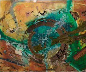 Representaci&oacute;n Visual proyecto RV30 (1 era. pintura de 12). Fotomontaje: acr&iacute;lico sobre tela, imagen archivo DCGG, UdeC y fotograf&iacute;a a&eacute;rea capturada por Drone (Museo Ferroviario, Comuna de San Rosendo).