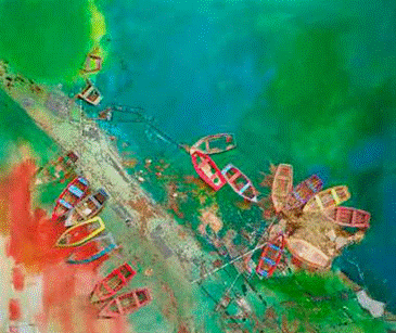 Representaci&oacute;n Visual Proyecto RV30 (2da. pintura de 12). Fotomontaje: acr&iacute;lico sobre tela, imagen archivo DCGG, UdeC y fotograf&iacute;a a&eacute;rea capturada por Drone (orilla del R&iacute;o B&iacute;o B&iacute;o, Comuna de Negrete).