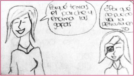 Story continuity as per G2: Sample of aftermath results based on Comic 2, Cinema 3D, Annex 2. (Text: Girl on the right: "Why I can't see the movie on 3D?". Girl on the left: "Because you had the eye patch and wore the glasses over".)