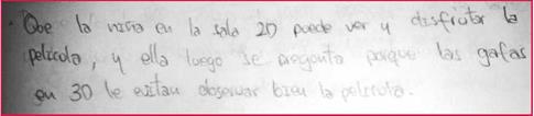 Story continuity as per G6: Sample of aftermath results based on Comic 2, Cinema 3D, Annex 2. (Text: "The girl in the 2D room can see and enjoy the movie, then she asks herself why the 3D glasses did not allowed her clearly watch the movie.")