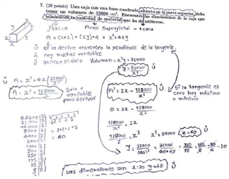Solución por parte de estudiante a ejercicio relacionado con optimización de una función.