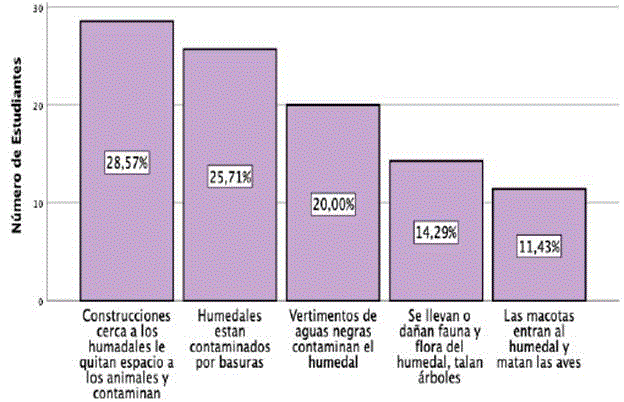 Principales problemas en los humedales según los estudiantes de grado quinto del colegio Tabora