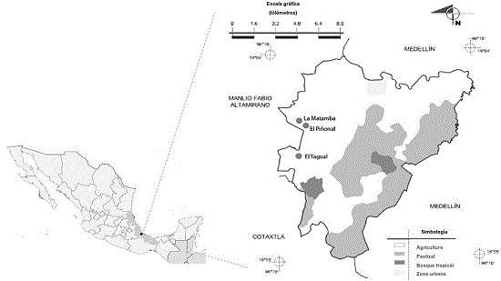 Ubicaci&oacute;n, uso de suelo y vegetaci&oacute;n del municipio de Jamapa, Veracruz, M&eacute;xico, as&iacute; como localizaci&oacute;n de las comunidades de El Pi&ntilde;onal, La Matamba y el Yagual (Inegi, 2009). 