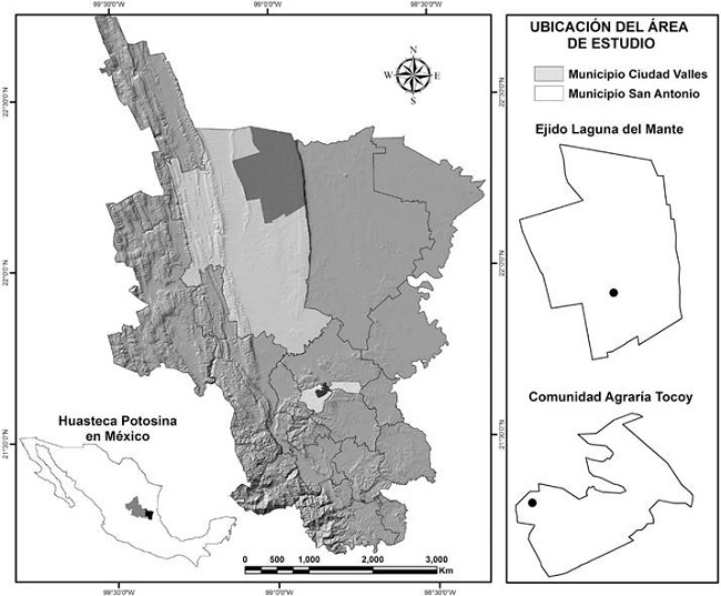 Ubicaci&oacute;n del ejido Laguna del Mante y la comunidad Agraria Tocoy en la Huasteca Potosina.