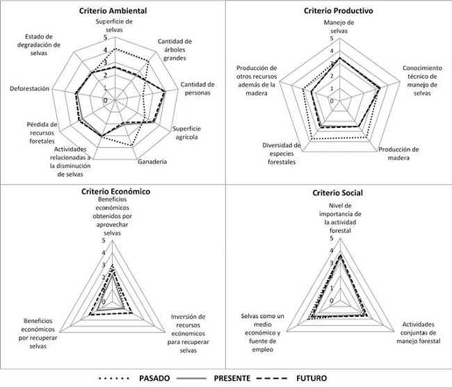 Representaci&oacute;n de las percepciones del criterio ambiental, productivo, econ&oacute;mico y social del pasado, presente y futuro en el ejido Laguna del Mante.