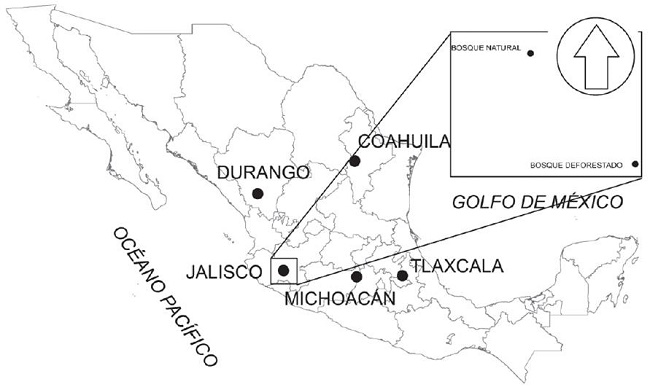 Distribución geográfica de los sitios de muestreo. Cada sitio comparte frontera espacial común entre la condición "bosque natural" y "deforestado".