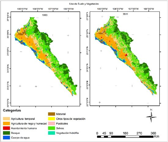 Mapas de usos de suelo y vegetaci&oacute;n de los a&ntilde;os 1993 y 2011.