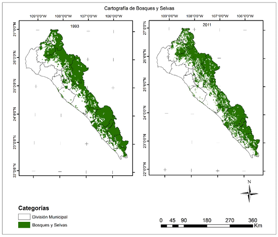Cartograf&iacute;a de bosques y selvas de los a&ntilde;os 1993 y 2011.