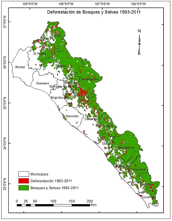 Cartograf&iacute;a de p&eacute;rdida de cobertura de bosques y selvas 1993-2011.