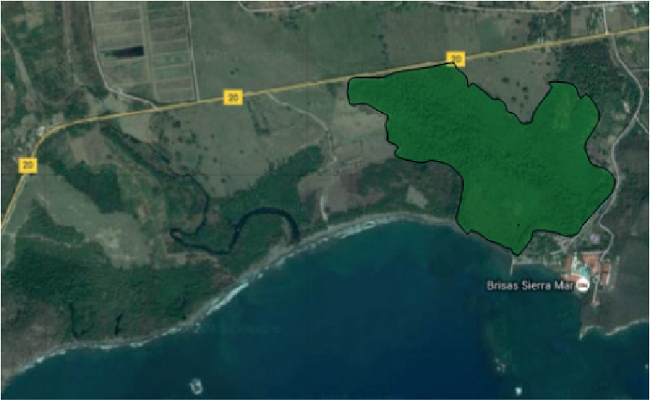 Sitio de estudio Sevilla y los tensores carretera e instalaciones del hotel Brisas Sierra Mar. Imagen tomada del Google Earth y modificada por las autoras.