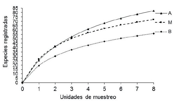 Curva de especies-&aacute;rea en tres zonas de muestreo en un afluente del r&iacute;o Tacotalpa.