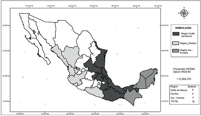 Regionalización del área de distribución de Cedrela odorata L. en México.