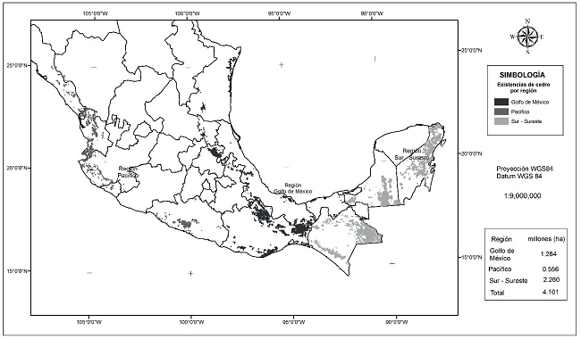 Distribución de las existencias actuales de Cedrela odorata L. de acuerdo con la base de datos del INFyS 2009-2013.