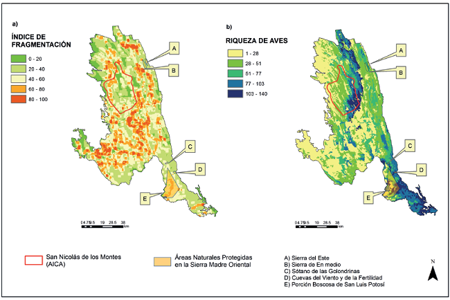 a) &Iacute;ndice de fragmentaci&oacute;n del h&aacute;bitat y b) Patrones de distribuci&oacute;n potencial de la riqueza total de aves.