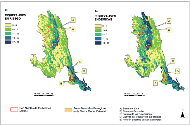 a) Patrones de distribuci&oacute;n potencial de la riqueza de aves en categor&iacute;a de riesgo y b) distribuci&oacute;n potencial de la riqueza de aves en alguna categor&iacute;a de endemismo.