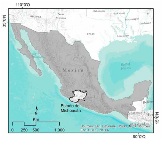 Ubicaci&oacute;n geogr&aacute;fica del estado de Michoac&aacute;n.