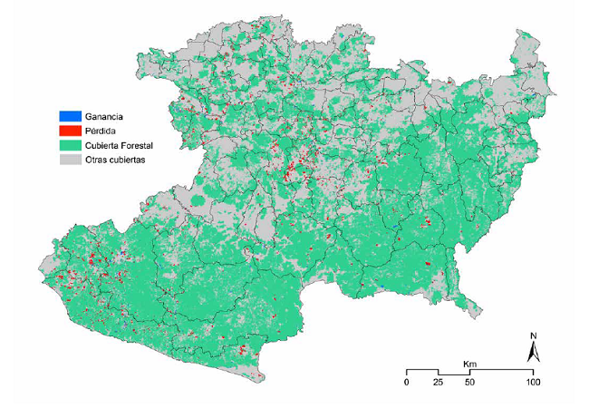 &Aacute;reas de p&eacute;rdida (rojo) y ganancia forestal (azul) durante el periodo 2004-2007 en el estado de Michoac&aacute;n. Las &aacute;reas forestales y no forestales en 2004 est&aacute;n representadas en verde y gris respectivamente.