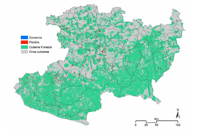 &Aacute;reas de p&eacute;rdida (rojo) y ganancia forestal (azul) durante el periodo 2007-2014 en el estado de Michoac&aacute;n. Las &aacute;reas forestales y no forestales en 2007 est&aacute;n representadas en verde y gris respectivamente.