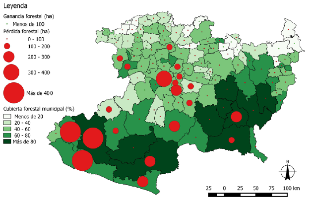 &Aacute;reas de p&eacute;rdida (c&iacute;rculos rojos) y ganancia (c&iacute;rculos verdes) forestal por municipio (2004-2007) en hect&aacute;reas por a&ntilde;o en el estado de Michoac&aacute;n.
