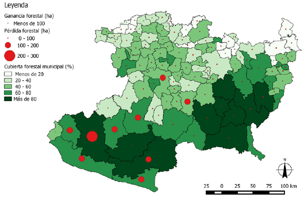&Aacute;reas de p&eacute;rdida (c&iacute;rculos rojos) y ganancia (c&iacute;rculos verdes) forestal por municipio (2007-2014) en hect&aacute;reas por a&ntilde;o en el estado de Michoac&aacute;n.