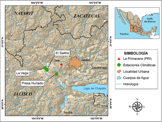 Ubicaci&oacute;n geogr&aacute;fica del sitio de colecta de n&uacute;cleos de crecimiento de P. oocarpa en el Bosque la Primavera, Jalisco.