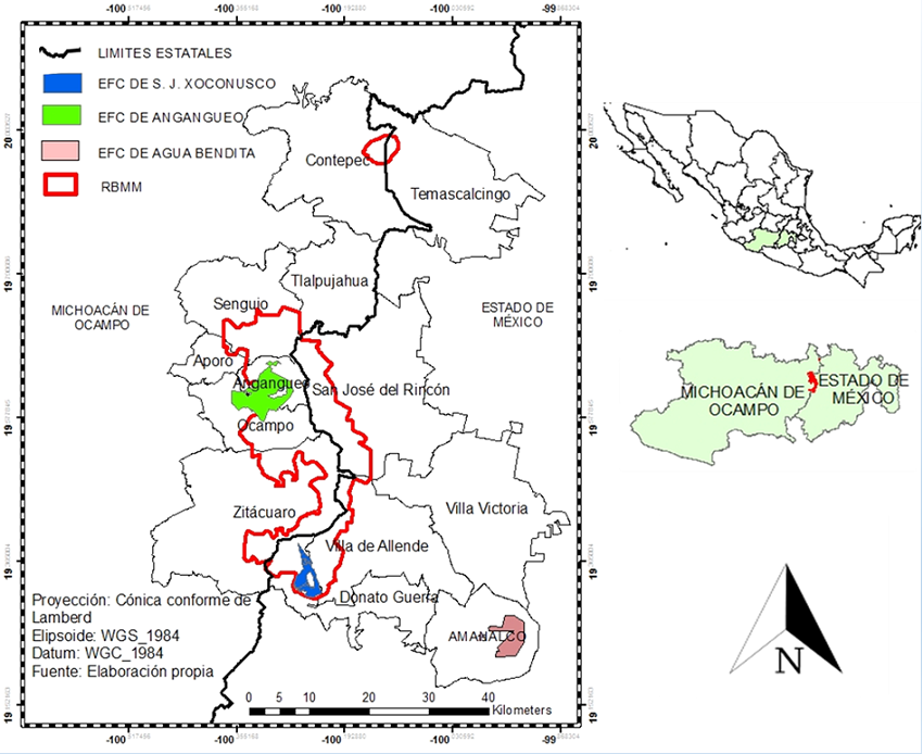 Ubicación geográfica de las tres EFC en la región de la RBMM.
