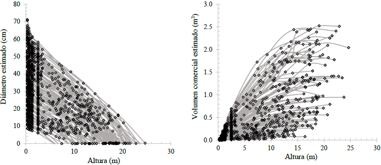 Distribuci&oacute;n del di&aacute;metro (izquierda) y del volumen comercial (derecha) estimados con el sistema d-Vc de Fang et al. (2000) respecto a la altura (Hm) sobre el fuste para &aacute;rboles de caoba.