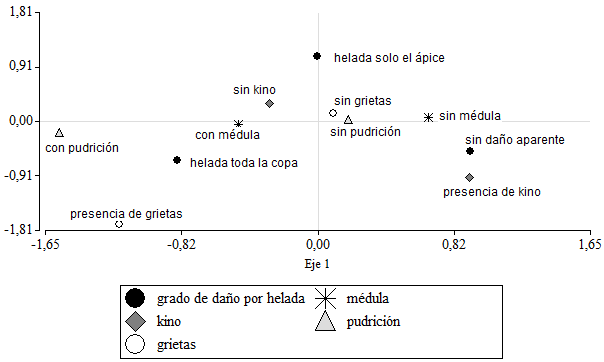 Análisis de correspondencia múltiple entre la escala visual de daños por helada y los defectos en las tablas aserradas.