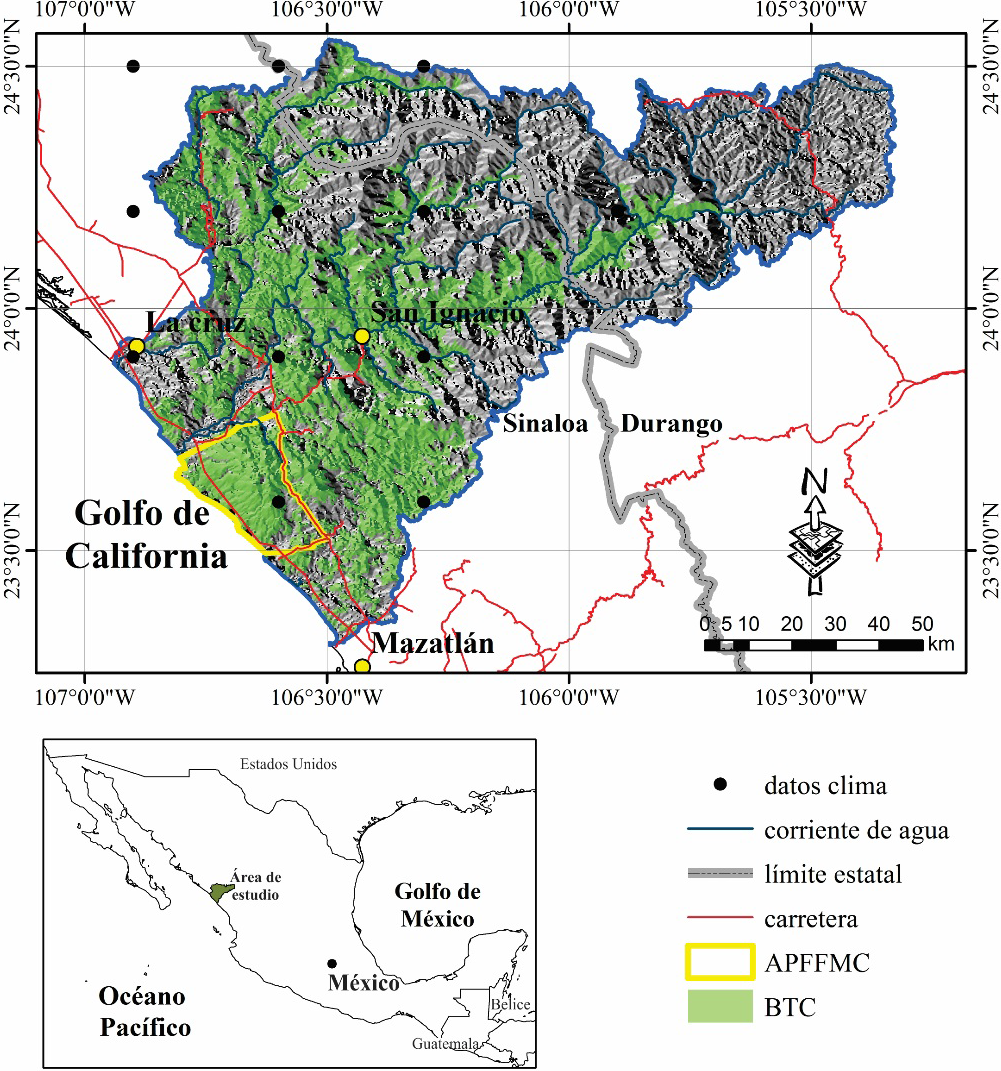 &Aacute;rea de estudio. La cuenca Piaxtla-Elota-Quelite se localiza en los estados de Durango y Sinaloa en el noroeste de M&eacute;xico.