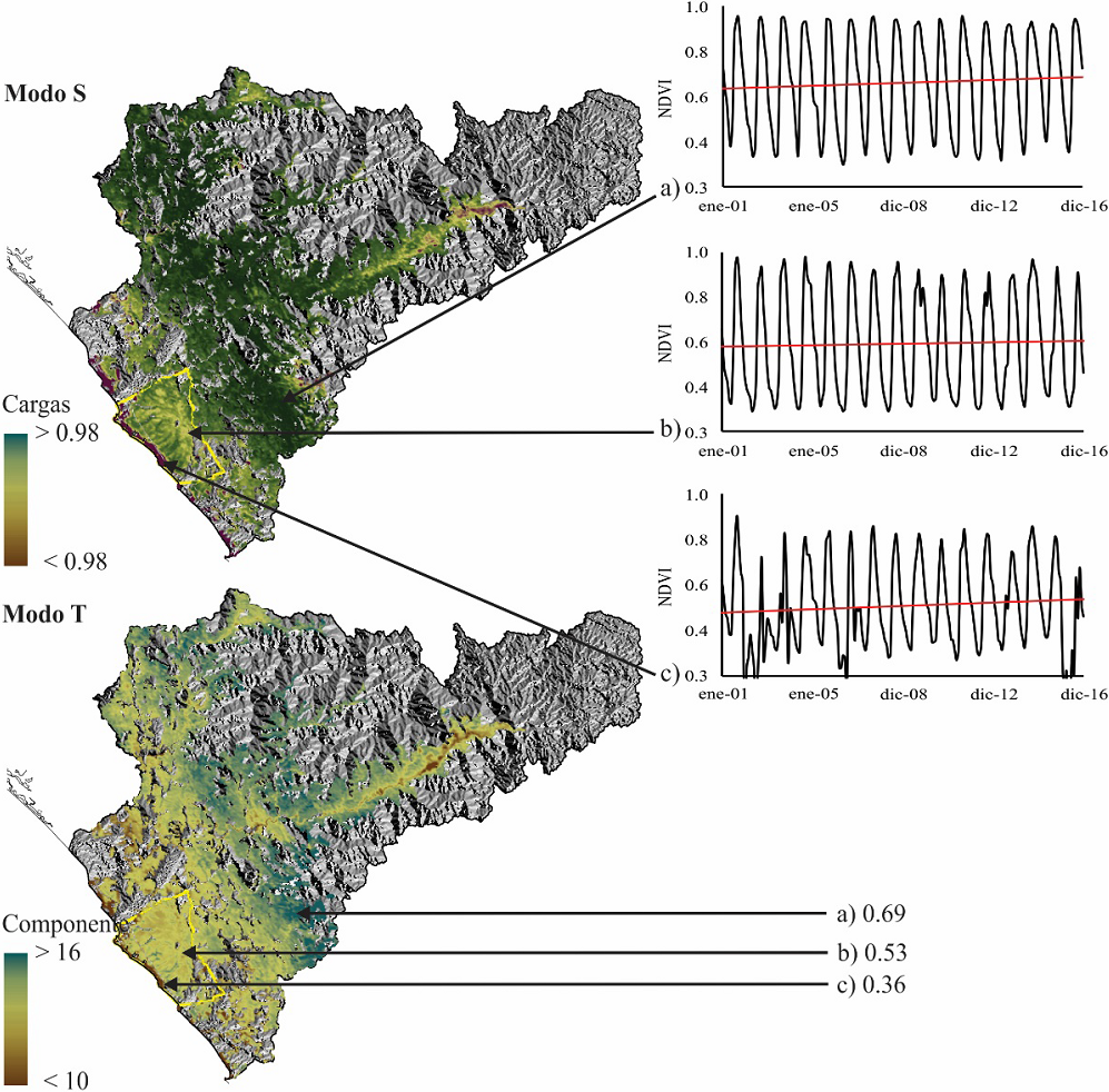 Primeros componentes del an&aacute;lisis de componentes principales con orientaciones en el modo S y T de una serie de tiempo mensual del NDVI de 2001 a 2016.