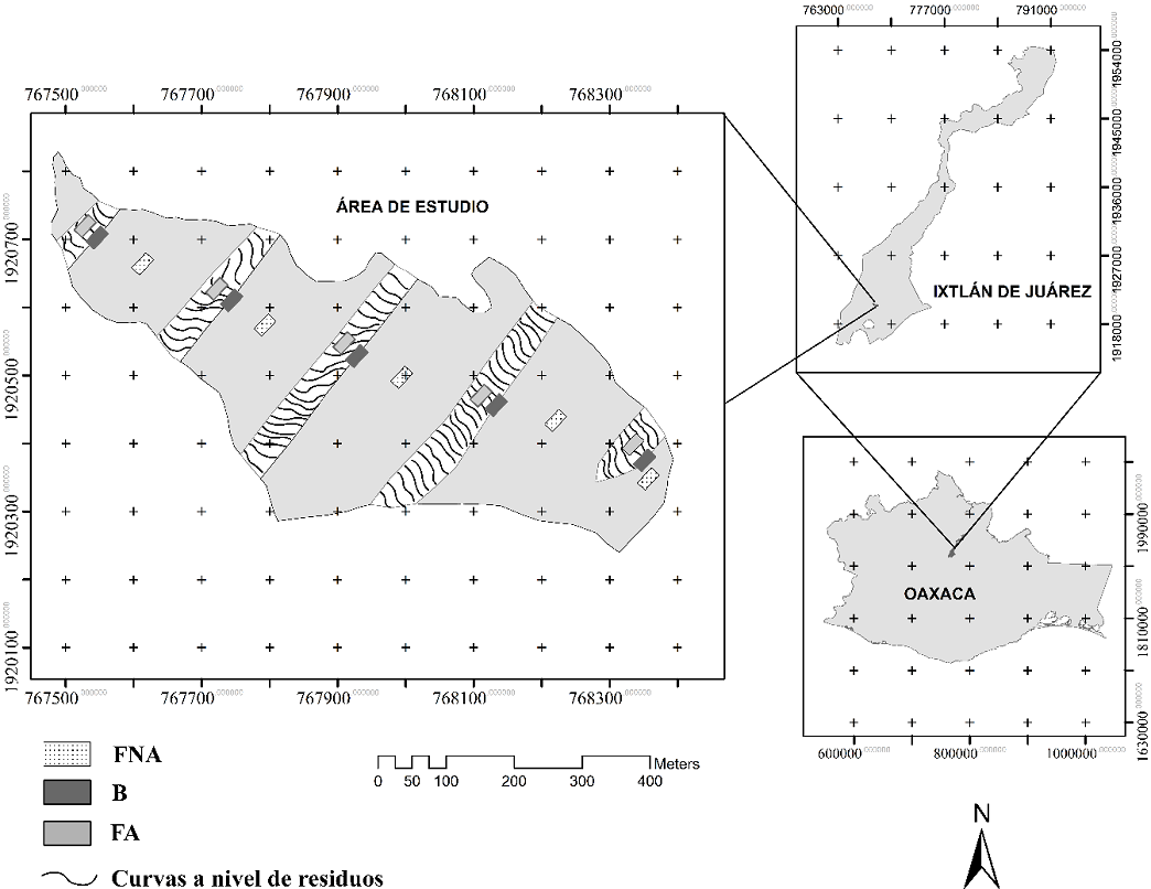 Ubicaci&oacute;n geogr&aacute;fica de Ixtl&aacute;n de Ju&aacute;rez y del &aacute;rea de estudio.