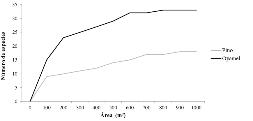 Curva de acumulaci&oacute;n de especies para el sotobosque de bosques densos de pino y oyamel.