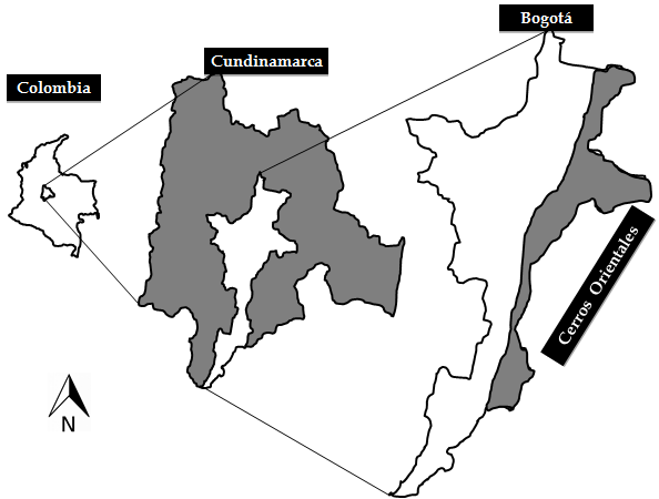 Localizaci&oacute;n de los Cerros Orientales de Bogot&aacute;, Colombia.