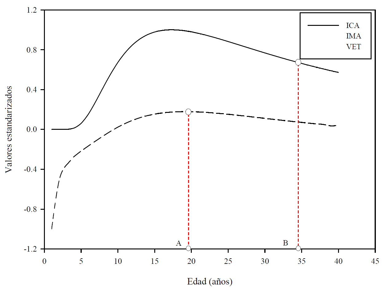 Edades de rotación económica (A) y técnica (B) para P.
caribaea var. caribaea